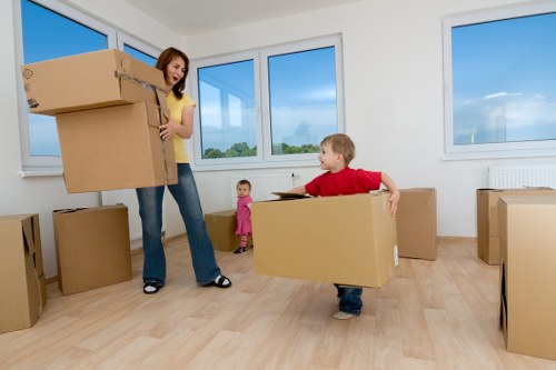 Packed moving boxes ready for transport in To