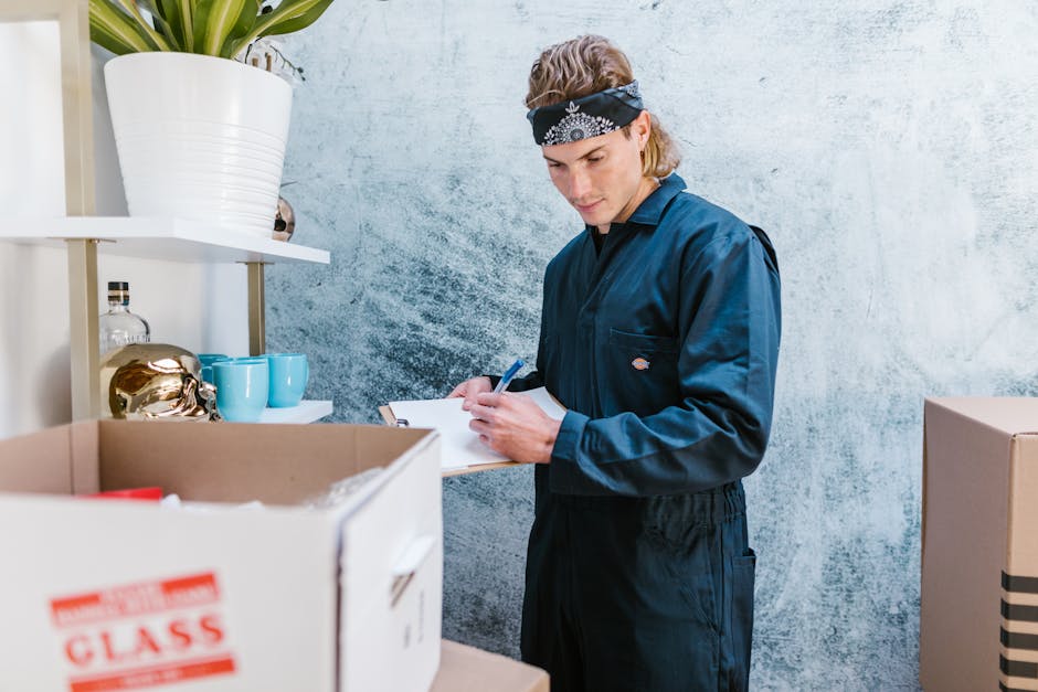 A young man in a navy blue jumpsuit and a black bandana with a white pattern is standing inside a home near a shelf. He is holding a clipboard and a pen, appearing to take inventory or note details re